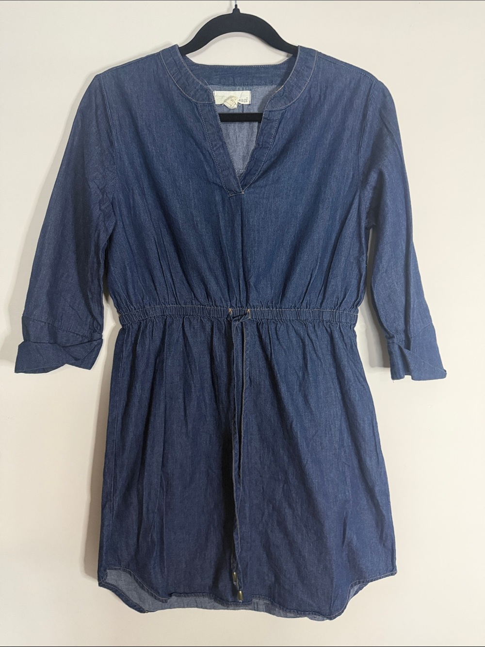 Casual Dark Blue Chambray Tunic Dress with Drawstring Waist